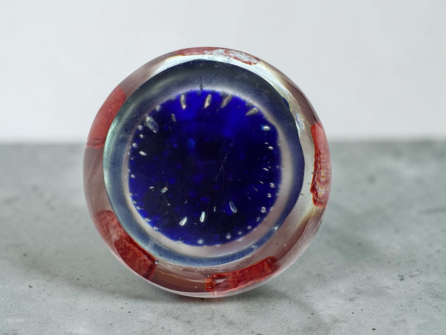 Vintage Art Glass Paperweight – Red Flower & Cobalt Blue Bubble Base, 3.25" Dome