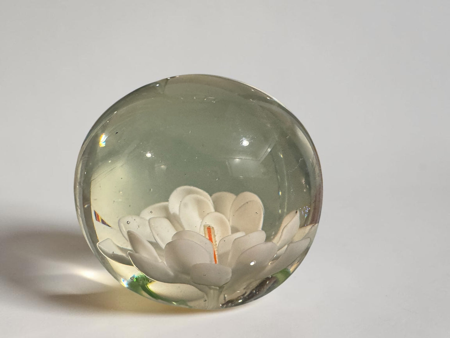Vintage White Dahlia Flower Art Glass Paperweight — 3" Clear Crystal, Collectible Desk Accent