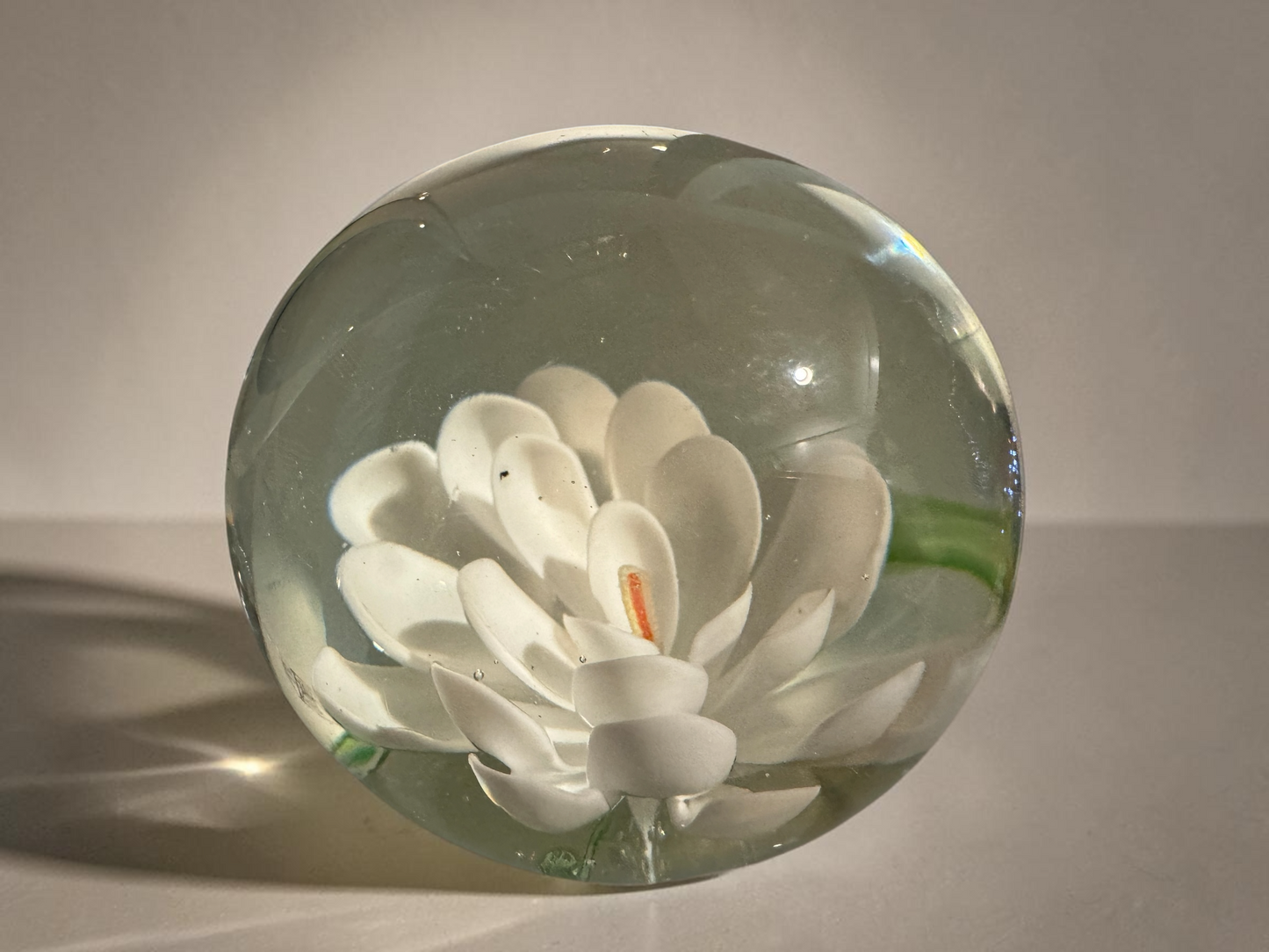 Vintage White Dahlia Flower Art Glass Paperweight — 3" Clear Crystal, Collectible Desk Accent