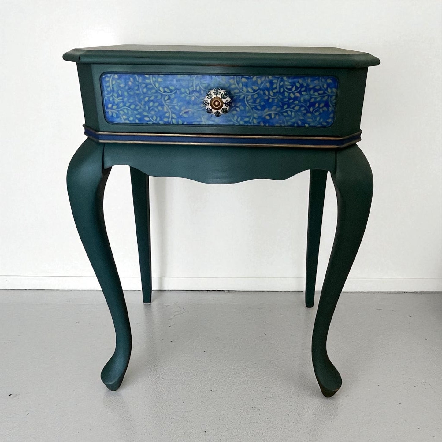 Handpainted  & Stenciled Side Table w/ Drawer, Teal