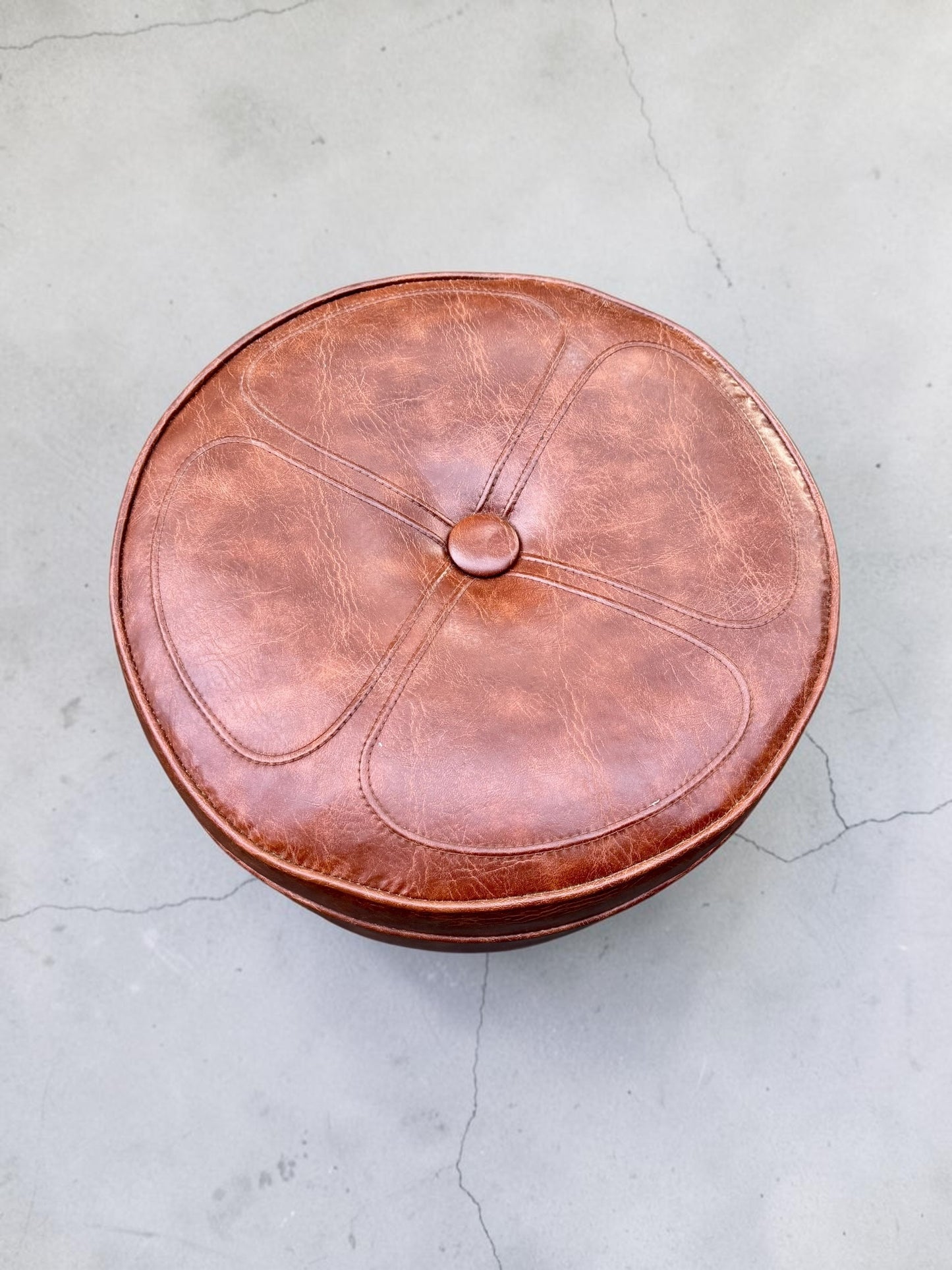 Vintage Round Tufted Vinyl Ottoman on Casters — 19.5"D x 12"H Cognac Brown, MCM Style