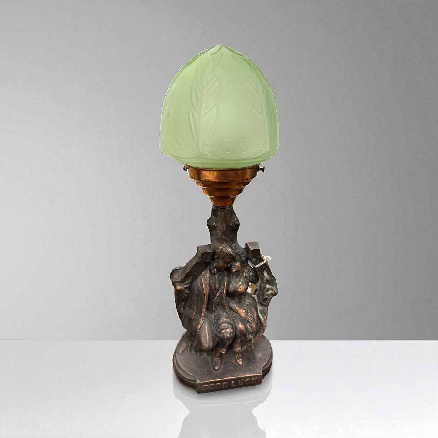 Antique Uranium Glass “Good Luck” lamp