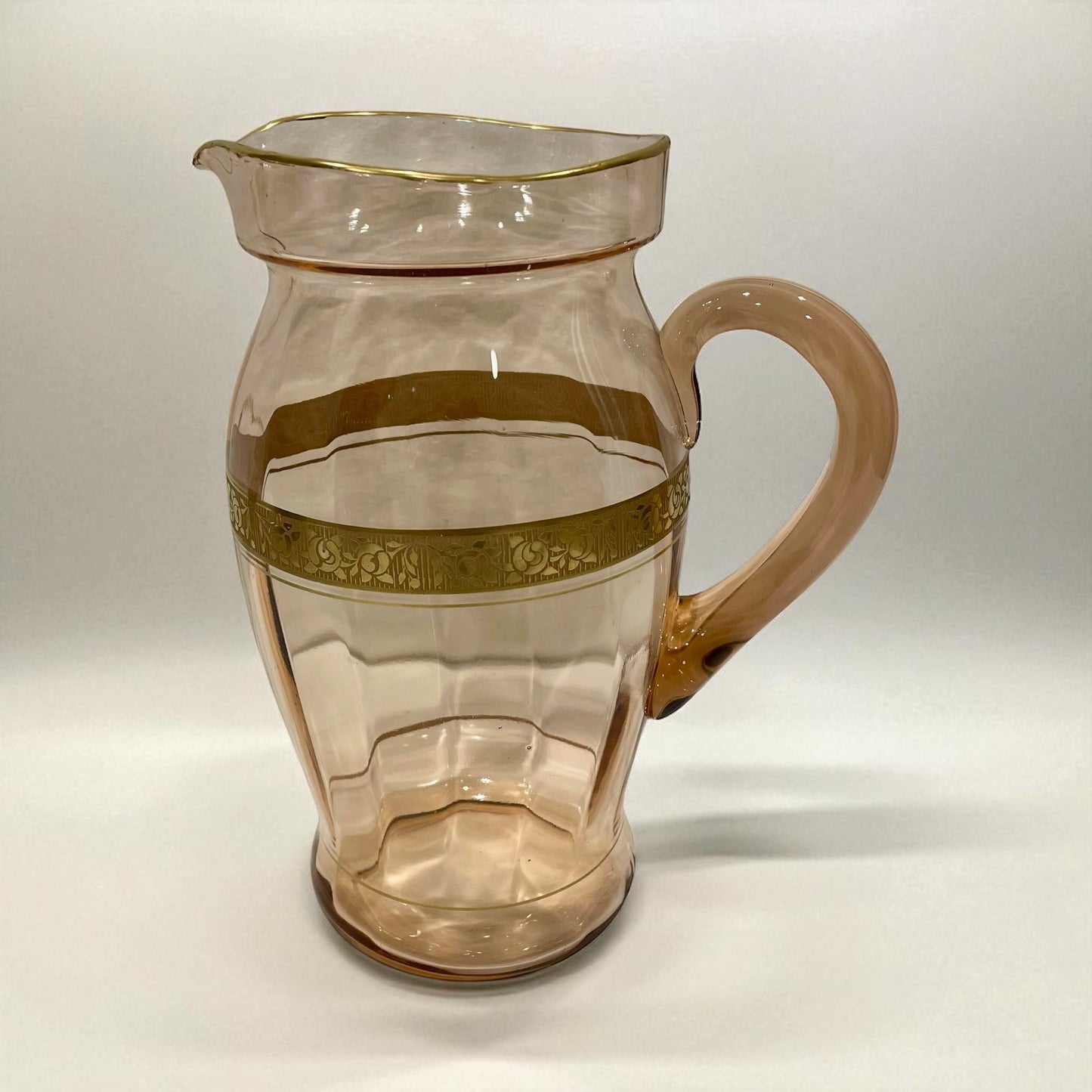 Vintage Tiffin Pink Glass Pitcher w/Gold Accents