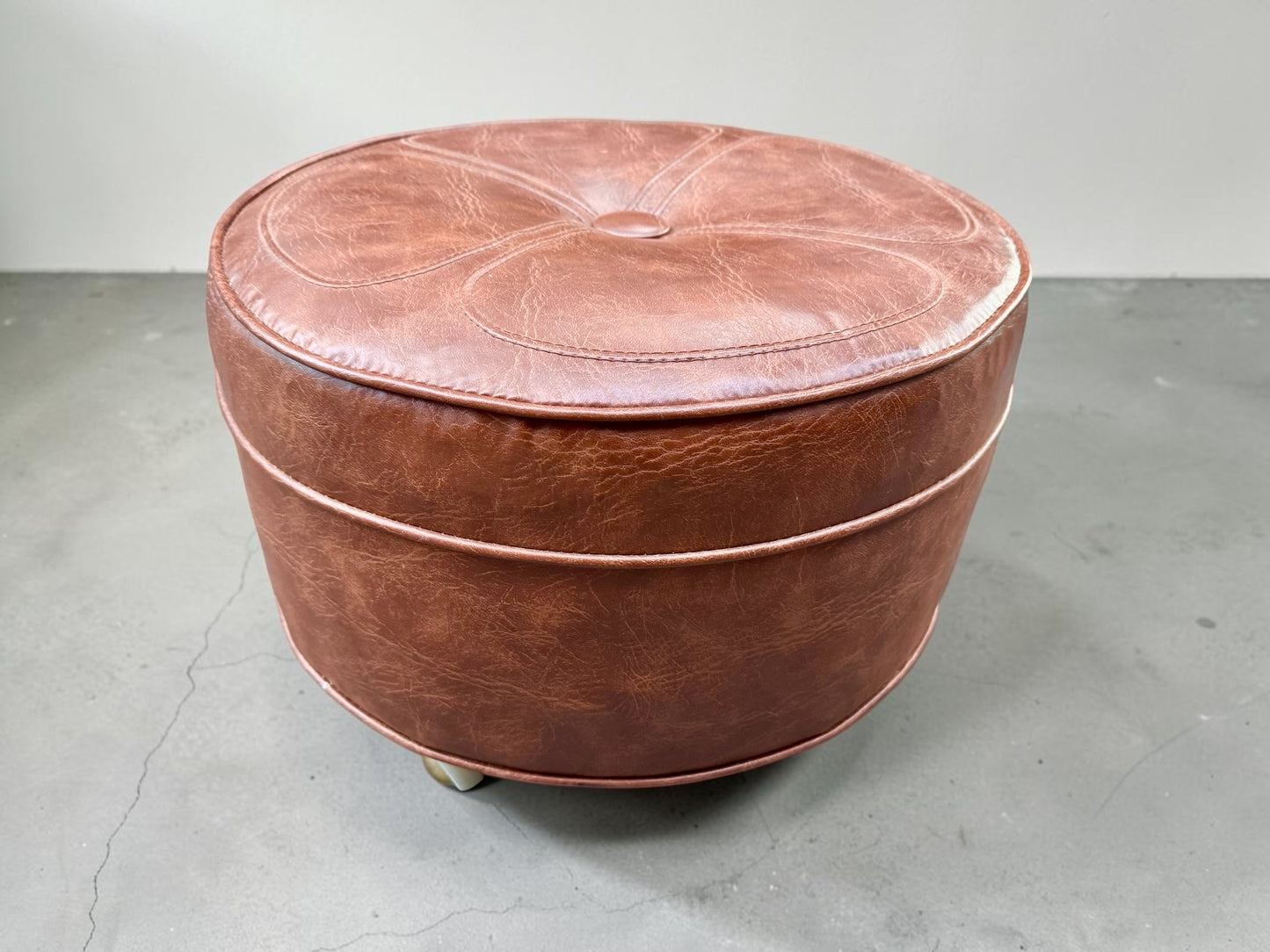 Vintage Round Tufted Vinyl Ottoman on Casters — 19.5"D x 12"H Cognac Brown, MCM Style
