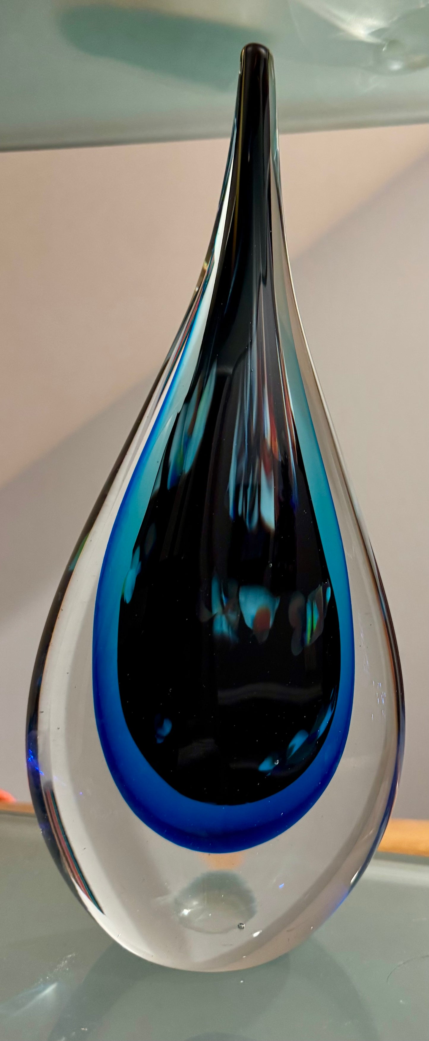 Vintage Murano-Style Sommerso Art Glass Teardrop Sculpture — 12"H Black & Cobalt Blue, MCM Statement Piece