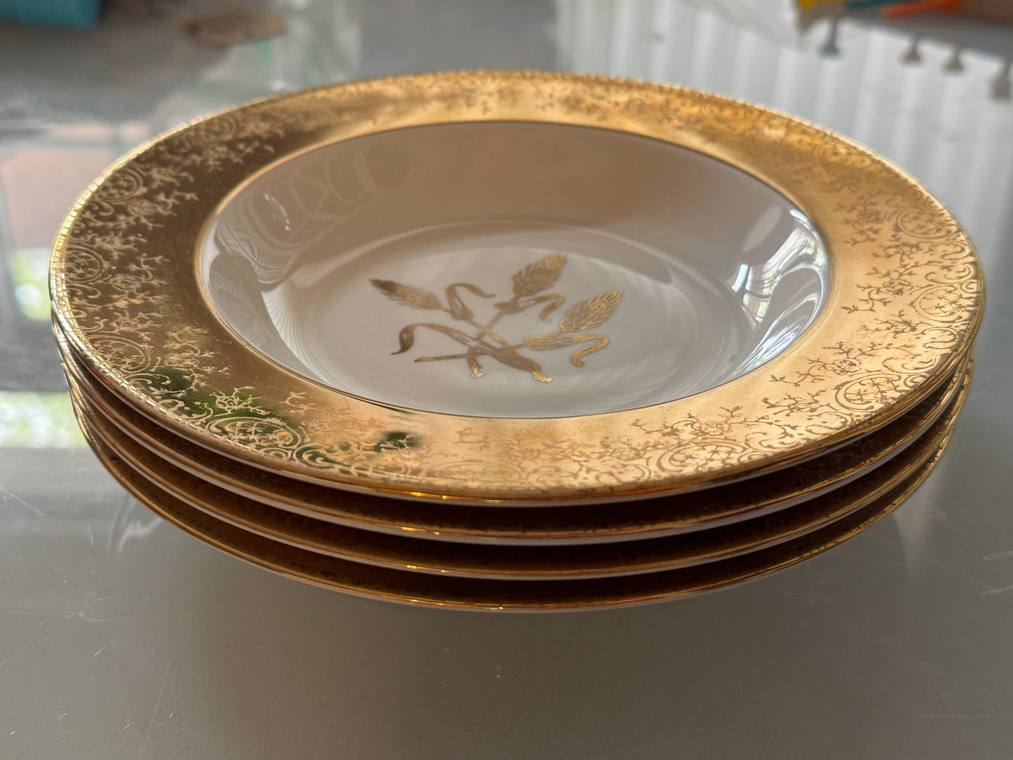 Royal Castle Gold Rim Wheat Pattern Soup Bowls, Set of 4, 8"