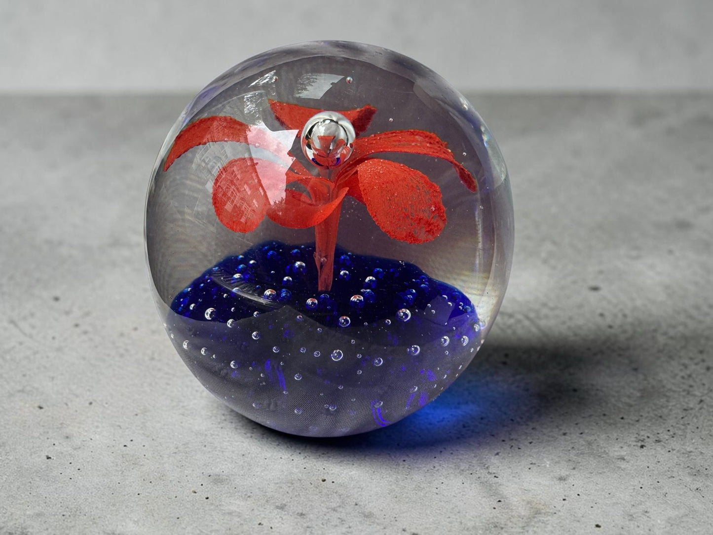 Vintage Art Glass Paperweight – Red Flower & Cobalt Blue Bubble Base, 3.25" Dome