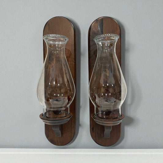 Pair of Kennedy Wooden Candle Sconces w/ Glass Hurricane Shades