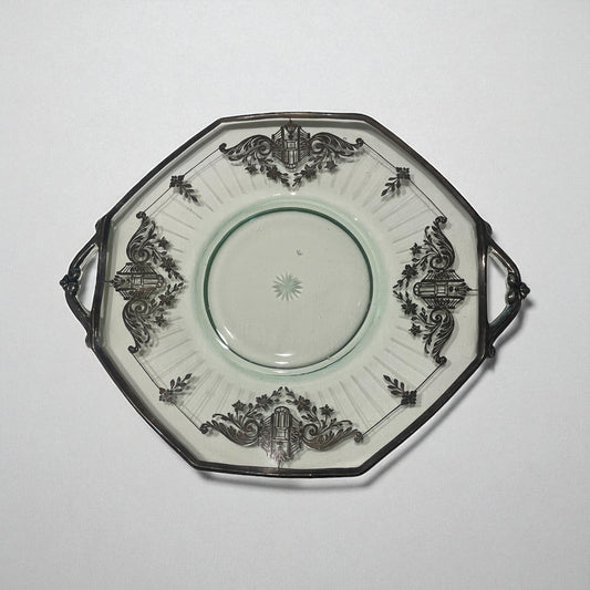 Vintage Glass Platter w/ Handles & Silver Overlay Design