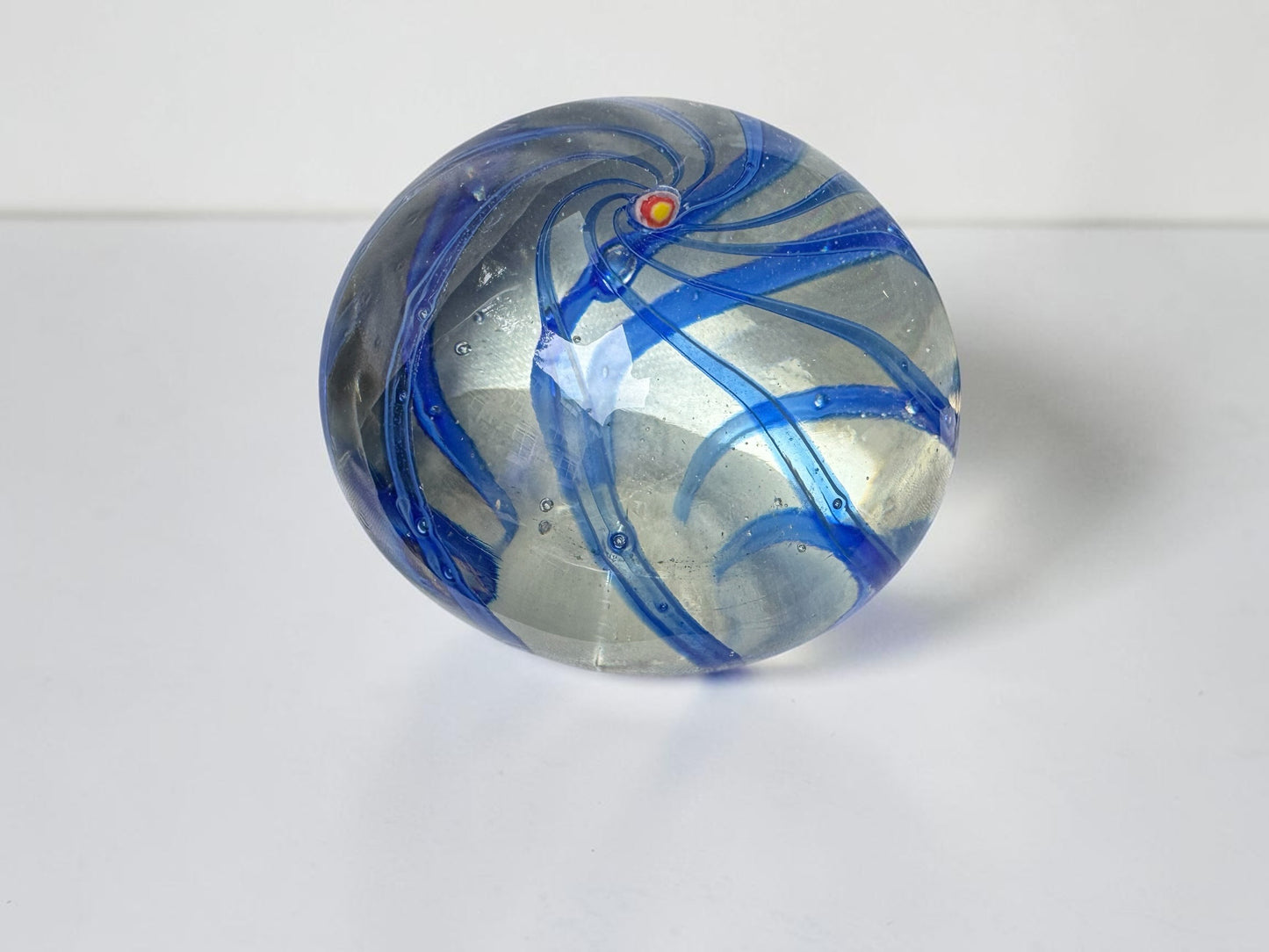 Vintage Art Glass Paperweight – Blue Swirl Ribbon Design, 4" Dome