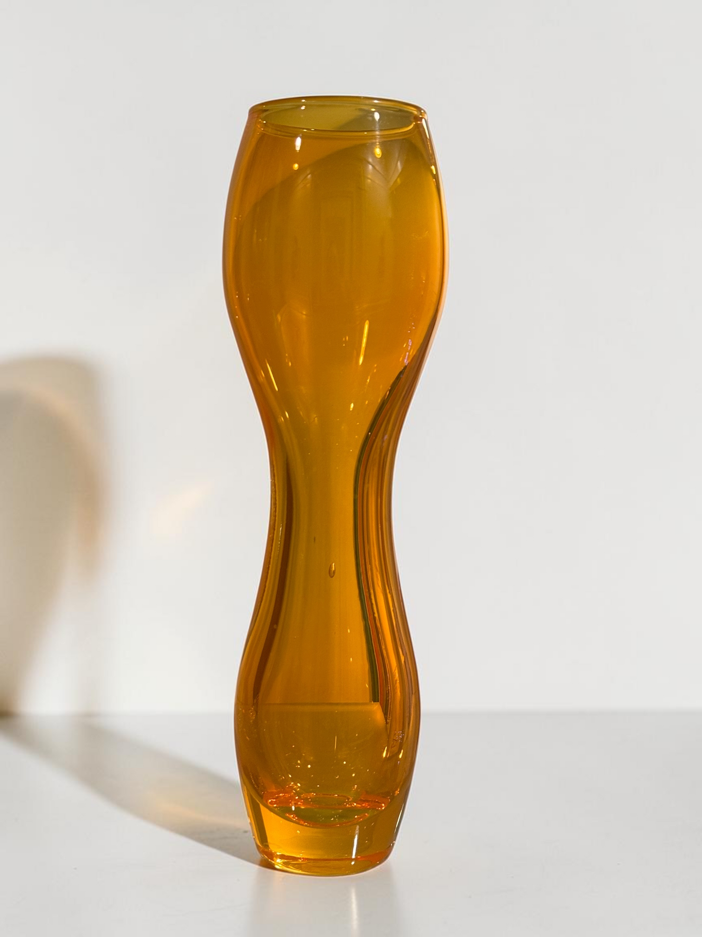 Vintage Amber Art Glass Hourglass Vase — 10"H MCM Blenko-Style Tangerine, Sculptural Statement Piece