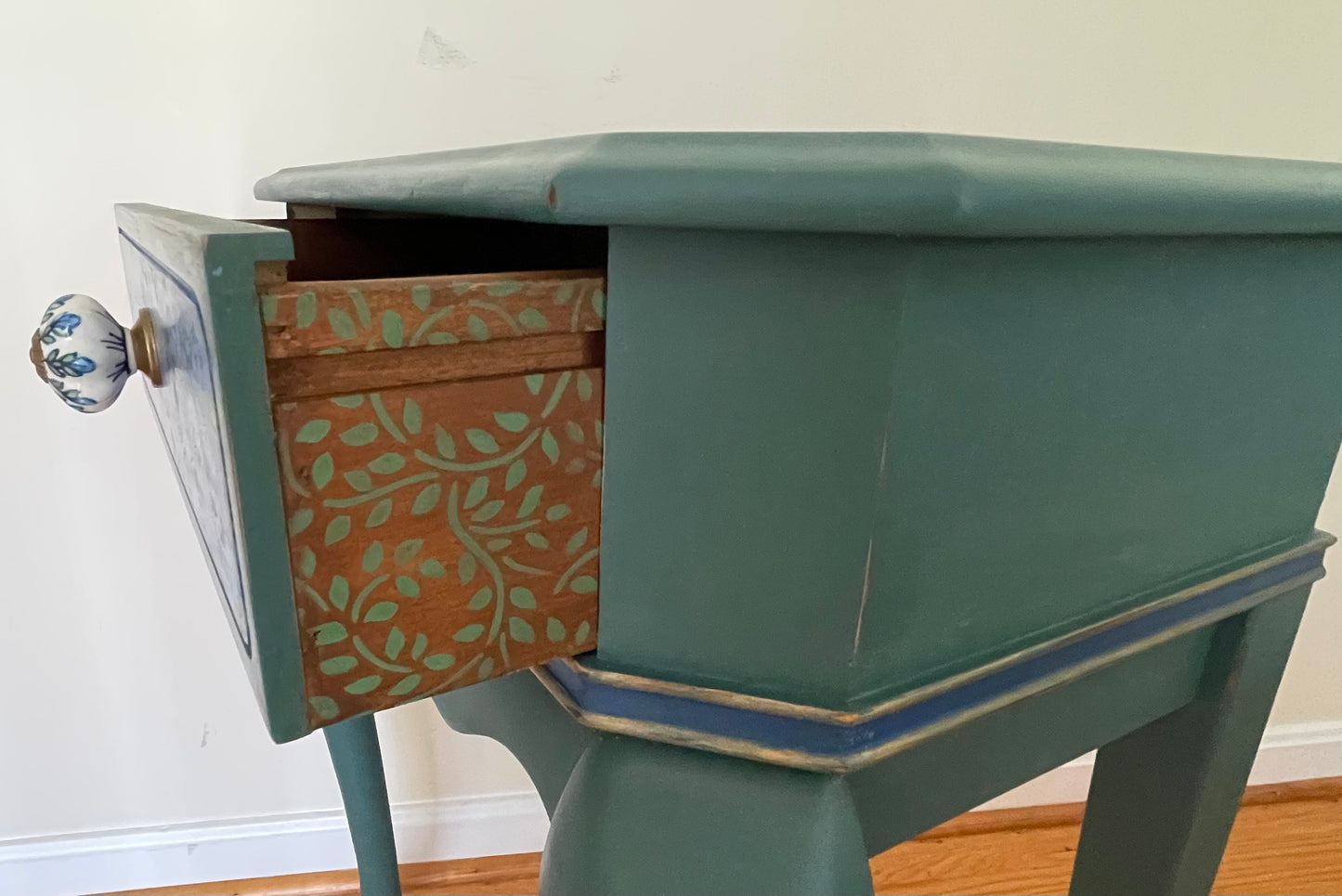 Handpainted  & Stenciled Side Table w/ Drawer, Teal