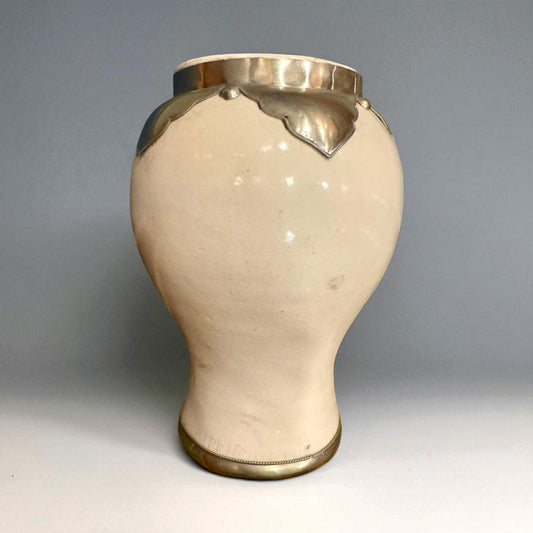 White Bone Ceramic Urn w/ Metal Accent