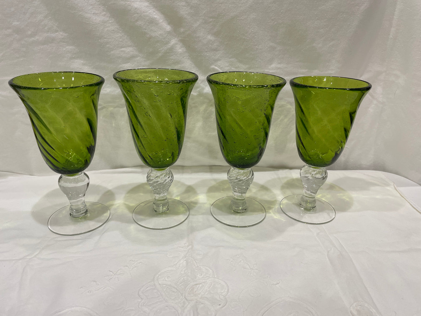 Handblown Green Seeded Glass Goblets w/ Clear Glass Twist Base
