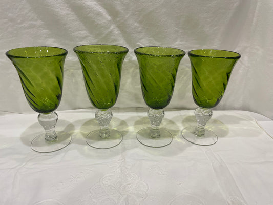 Handblown Green Seeded Glass Goblets w/ Clear Glass Twist Base