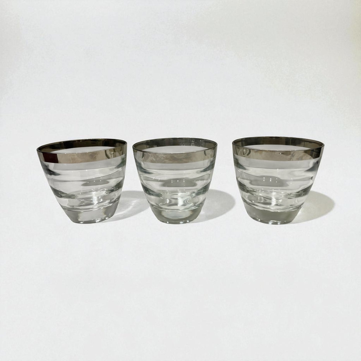 Set of 3 Vintage Dorothy Thorpe-Style Silver Rimmed "Roly-Poly" Lowball Glasses