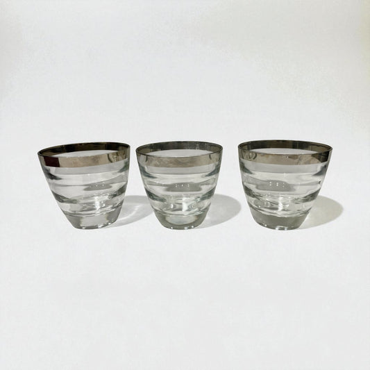 Set of 3 Vintage Dorothy Thorpe-Style Silver Rimmed "Roly-Poly" Lowball Glasses