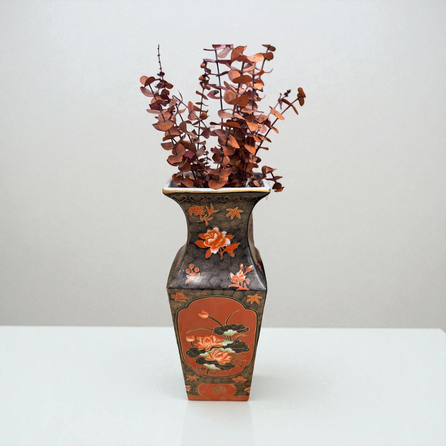 Vintage Tall Asian Vase - Black/Orange with Floral Motif