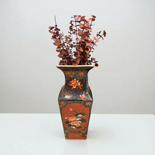 Vintage Tall Asian Vase - Black/Orange with Floral Motif