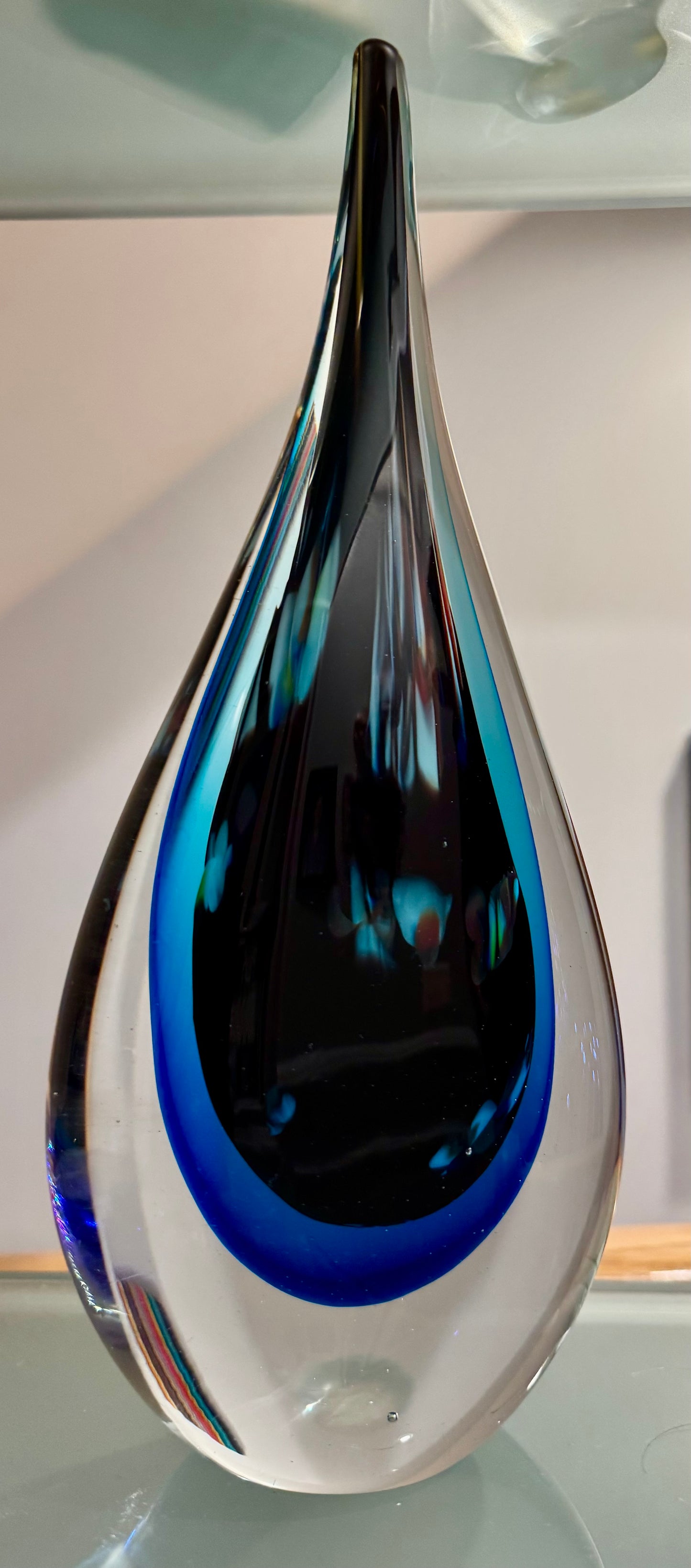 Vintage Murano-Style Sommerso Art Glass Teardrop Sculpture — 12"H Black & Cobalt Blue, MCM Statement Piece