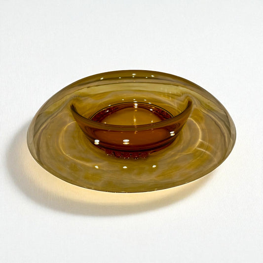 Vintage Amber Glass Rolled Edge Round Console Dish