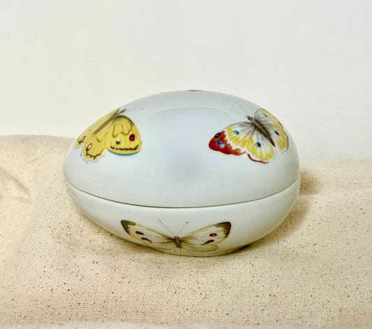 Limoges France Porcelain Egg Trinket Box — Naturalistic Butterfly Motif, Very Good Condition