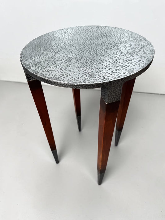 Sarreid Ltd. Burnford Accent Table – Hammered Iron Top & Walnut Legs