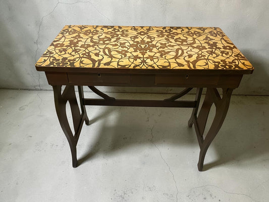 Rustic wooden dark brown stain entry table with 2 drawers and stenciled top