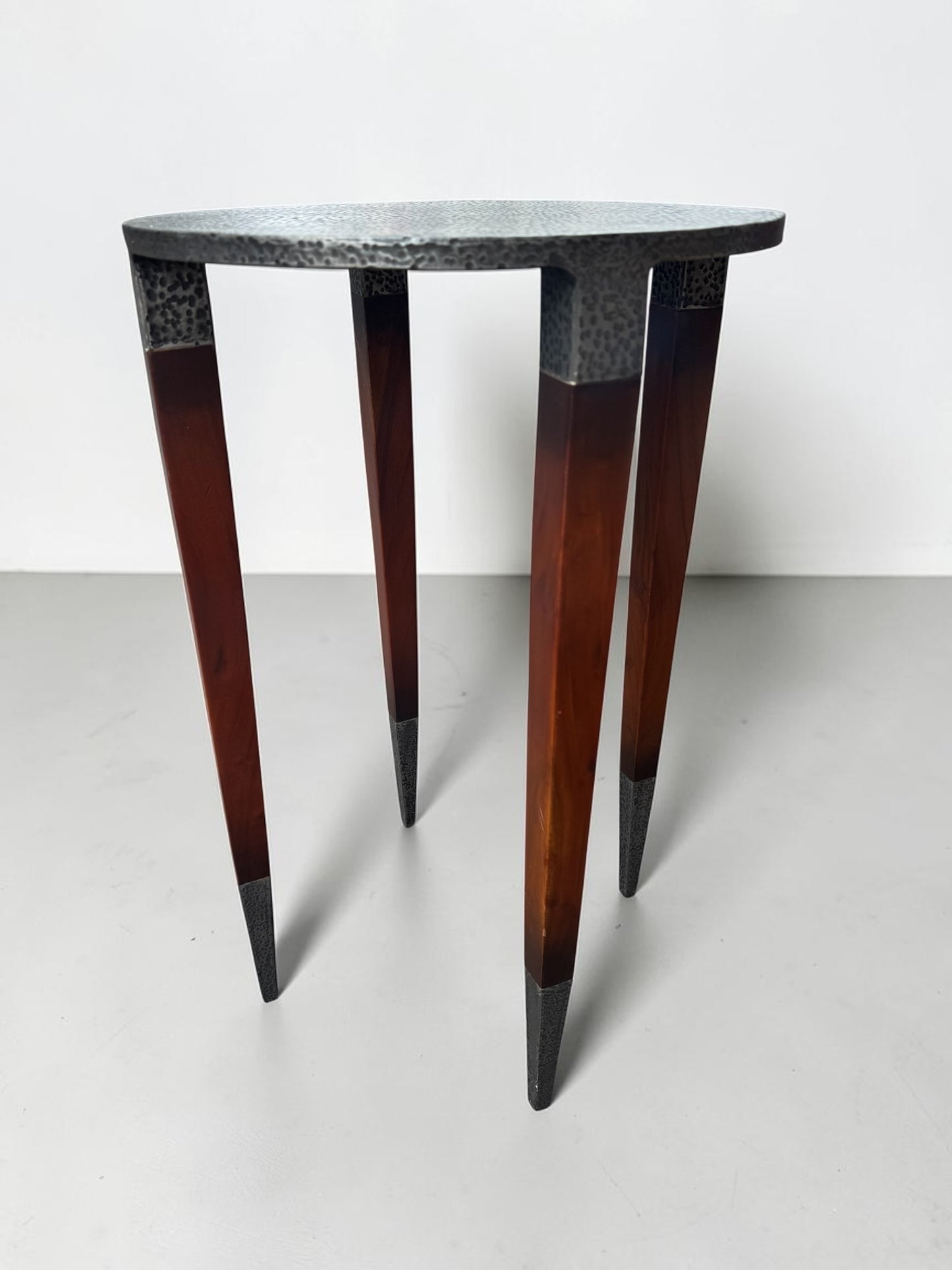 Sarreid Ltd. Burnford Accent Table – Hammered Iron Top & Walnut Legs