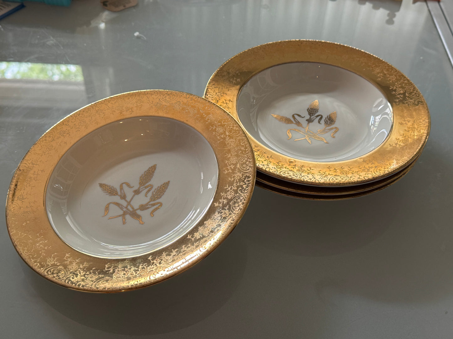 Royal Castle Gold Rim Wheat Pattern Soup Bowls, Set of 4, 8"
