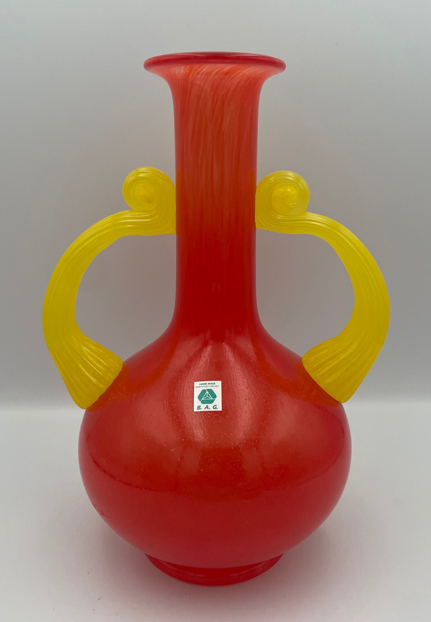 B.A.G. Vsetín Bohemia Art Glass Amphora Vase with Yellow Scroll Handles, Czech Hand Blown, 1990s