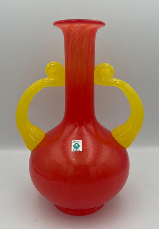 B.A.G. Vsetín Bohemia Art Glass Amphora Vase with Yellow Scroll Handles, Czech Hand Blown, 1990s