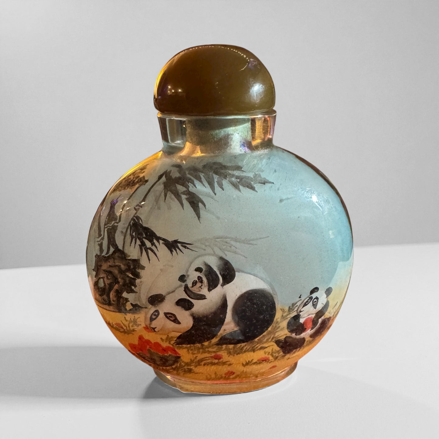 Reverse Painted Chinese Snuff Bottle w/Panda Motif in box