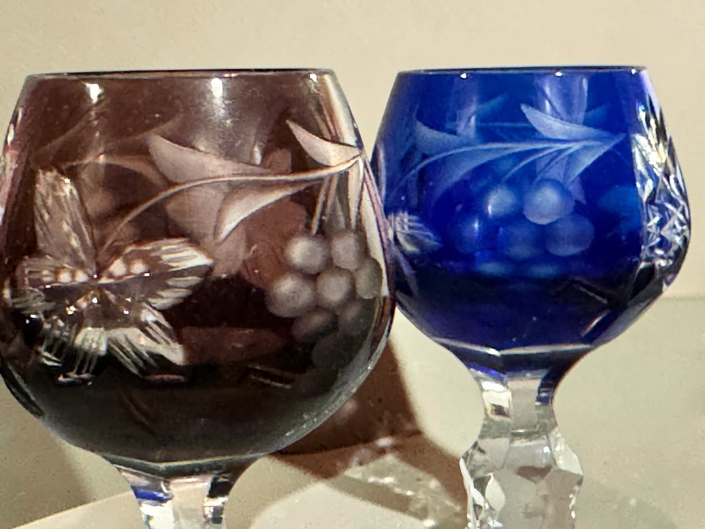 Vintage Bohemian Cut-to-Clear Crystal Liqueur Glasses — Pair, 5.25"H Amethyst & Cobalt Blue, Grape Motif