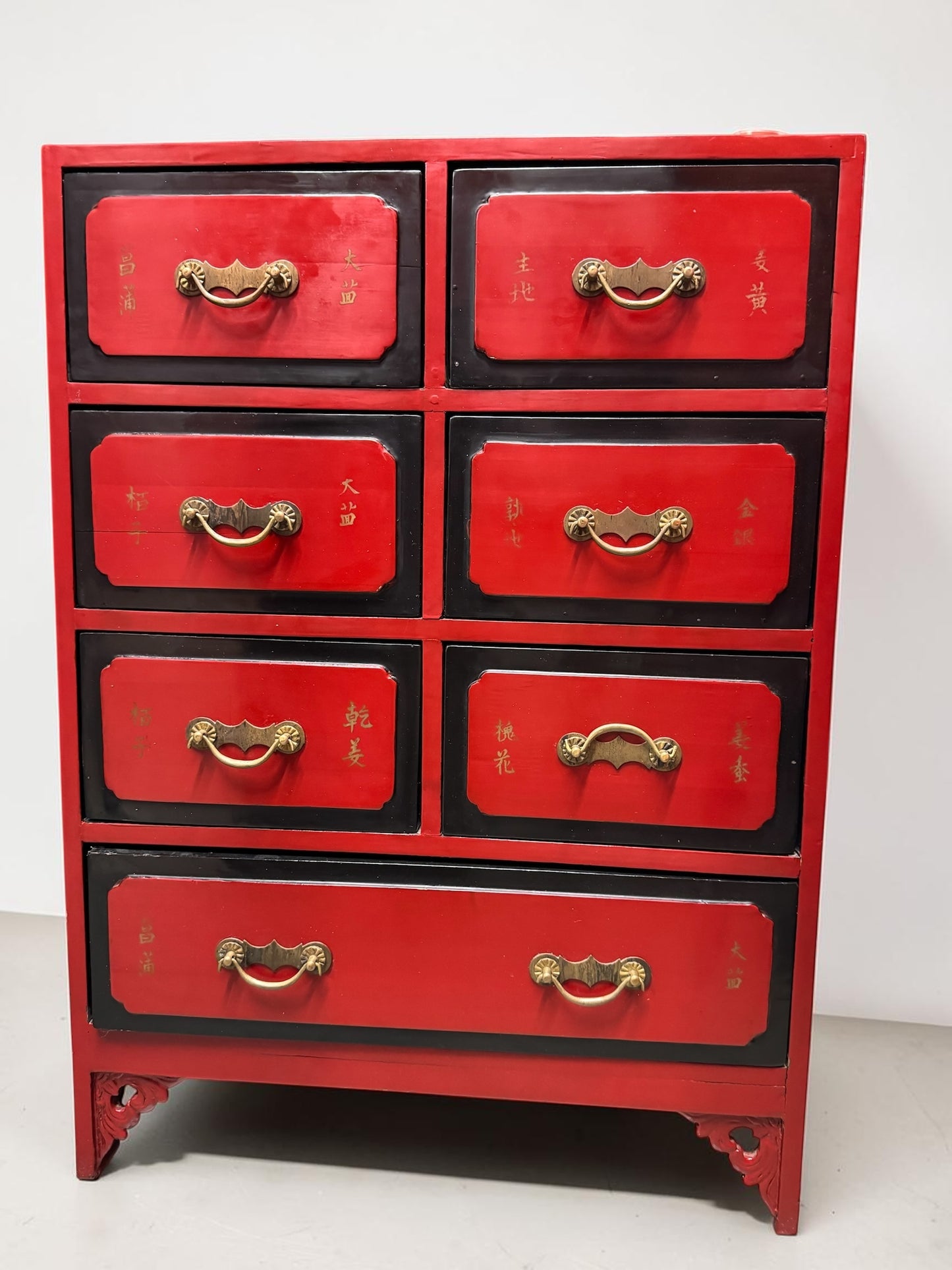 Chinese-Style Red Lacquered 7-Drawer Apothecary Chest