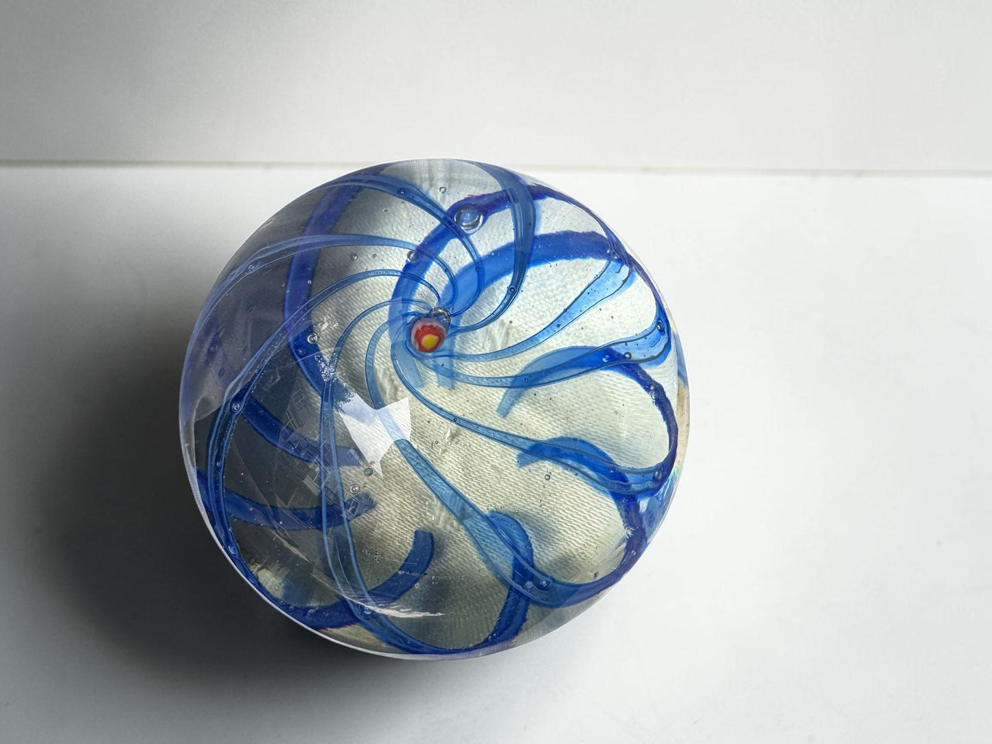 Vintage Art Glass Paperweight – Blue Swirl Ribbon Design, 4" Dome