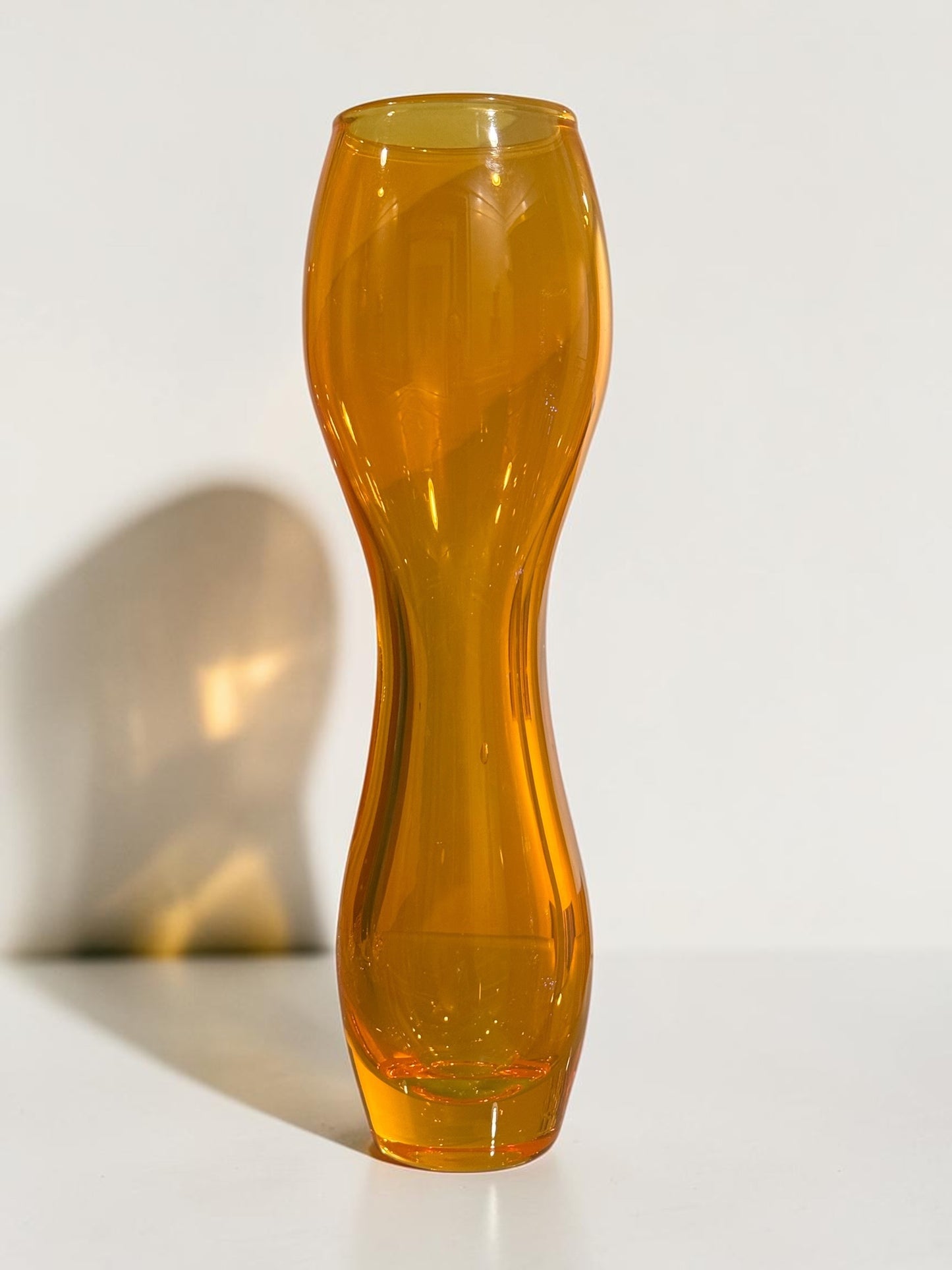 Vintage Amber Art Glass Hourglass Vase — 10"H MCM Blenko-Style Tangerine, Sculptural Statement Piece