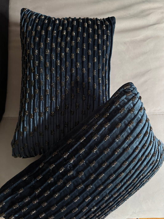 PAIR - Dark Blue Velvet Decorative Pillows w/Beading