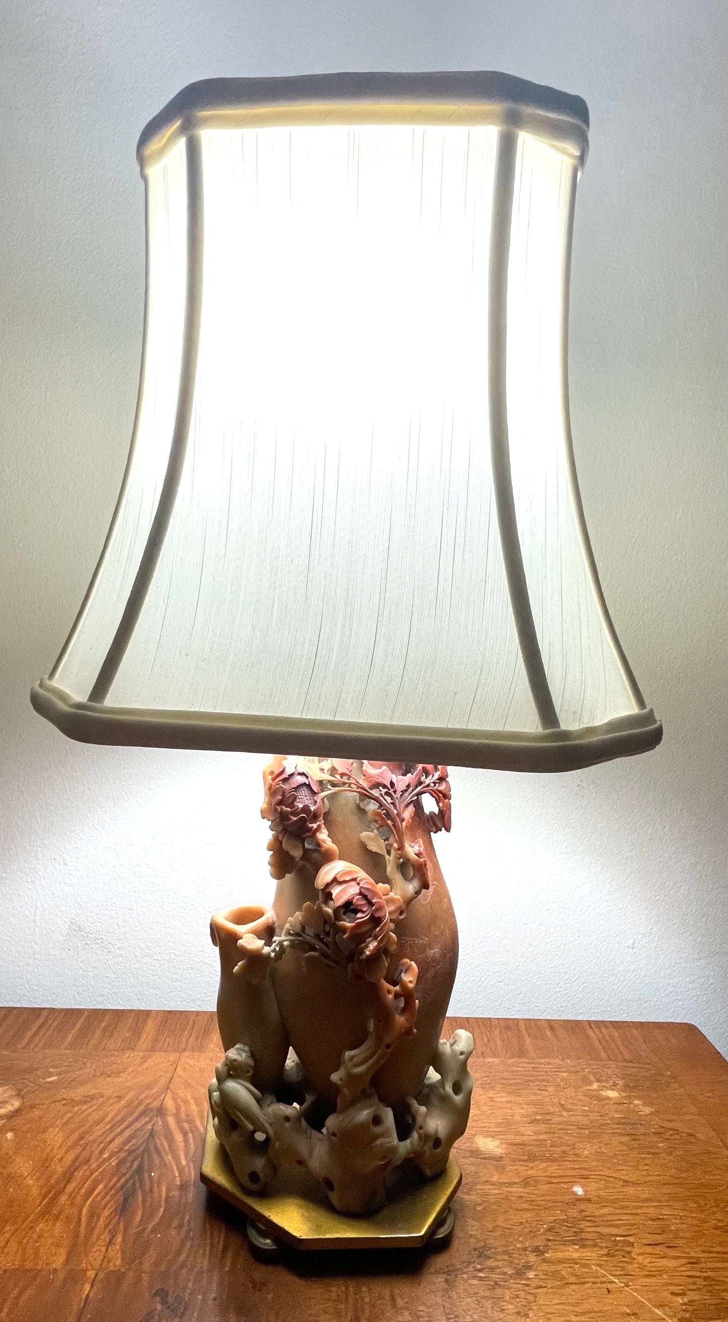 Vintage Asian Carved Soapstone Table Lamp