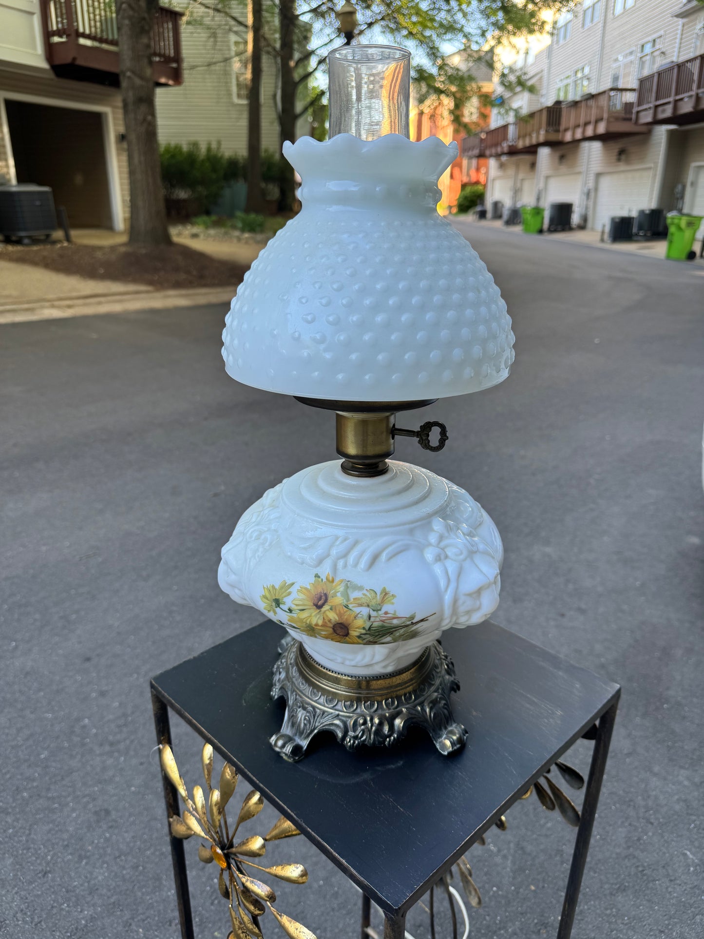 Vintage Two Stage Milk Glass Lamp w/ Flowers