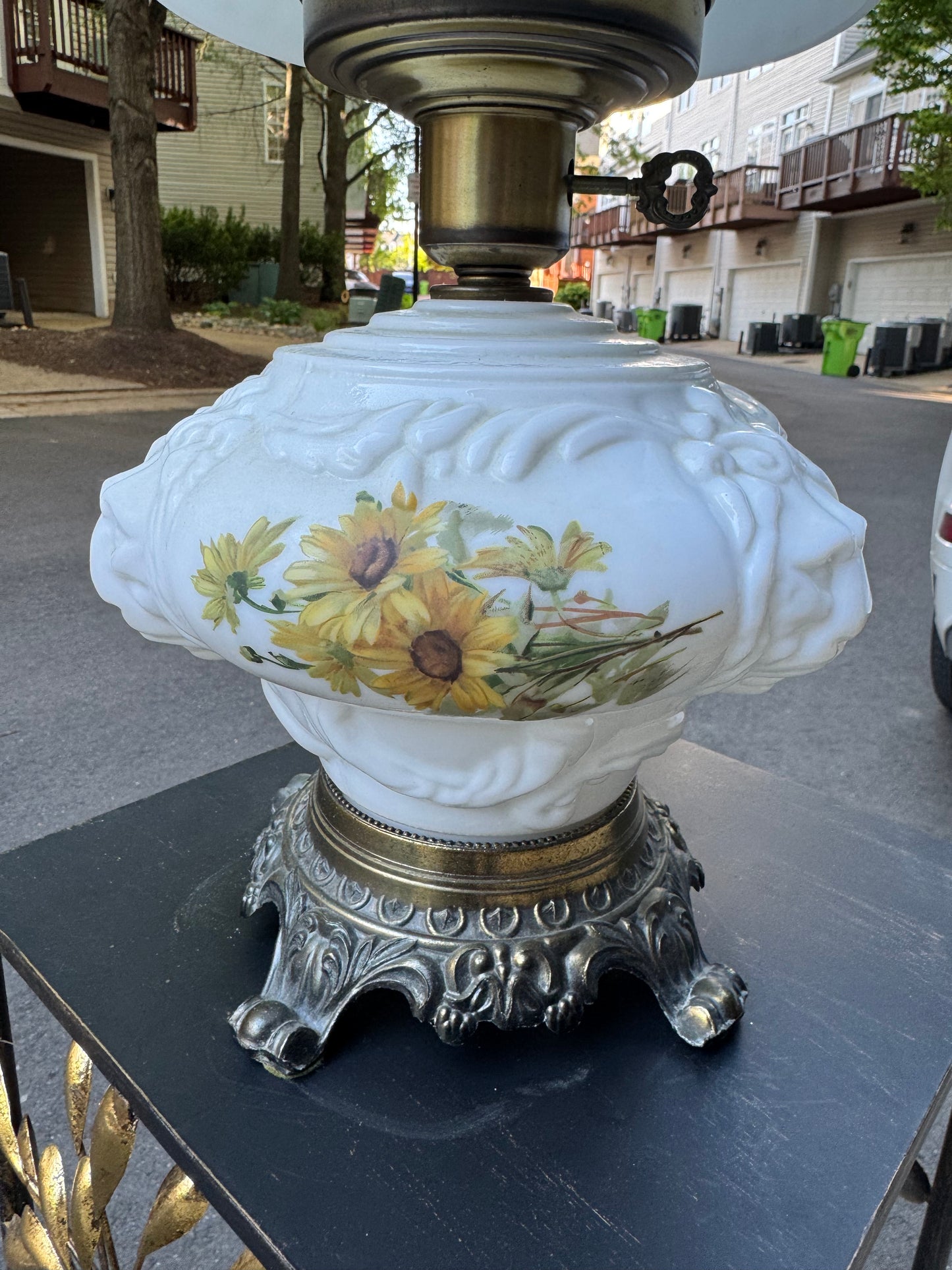 Vintage Two Stage Milk Glass Lamp w/ Flowers