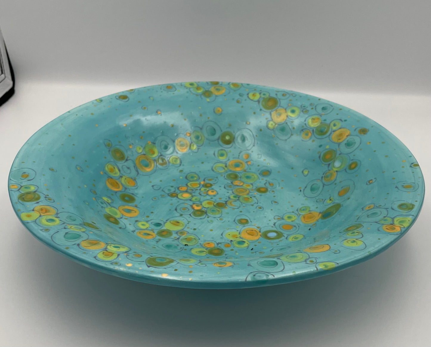 Italian Ceramic Bowl, Aqua w/ Multi-color Circles