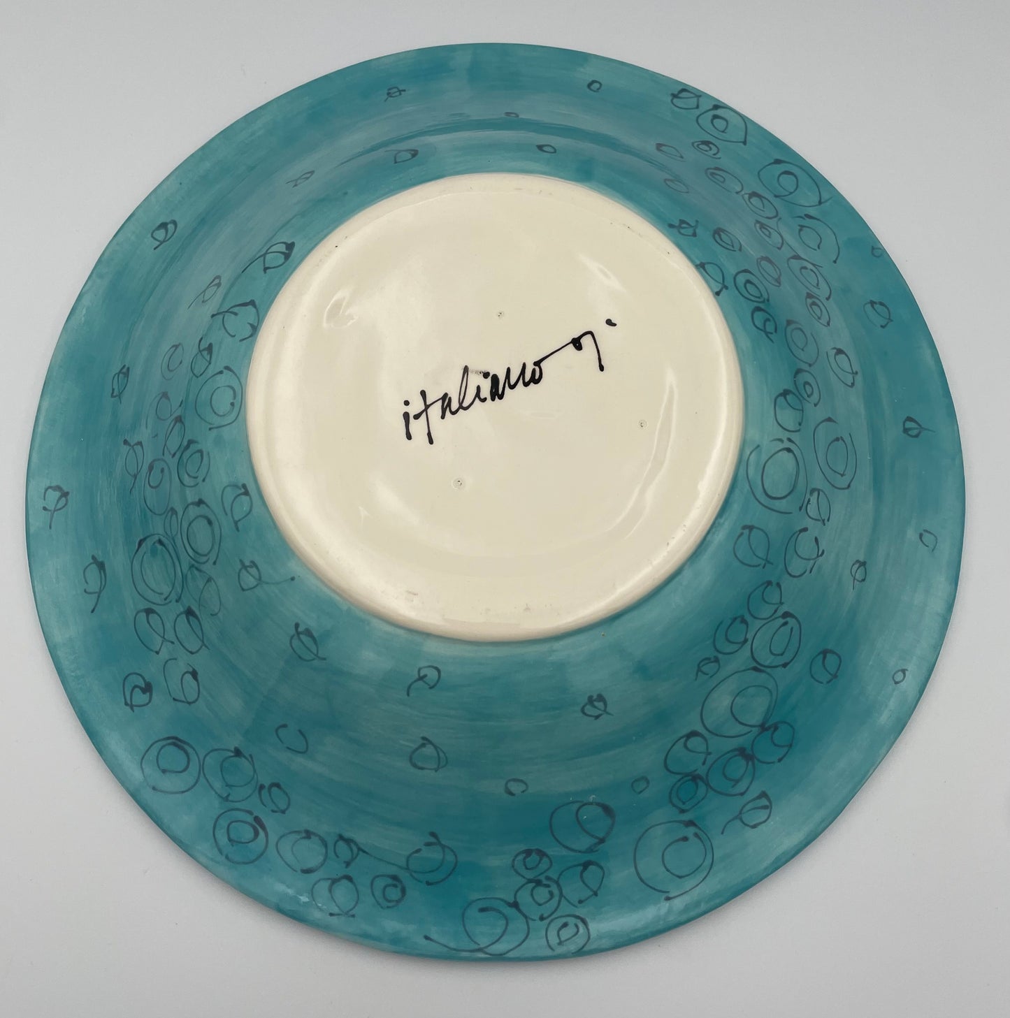 Italian Ceramic Bowl, Aqua w/ Multi-color Circles
