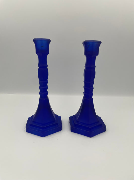 Pair of Vintage Cobalt Blue Satin Glass Candleholders