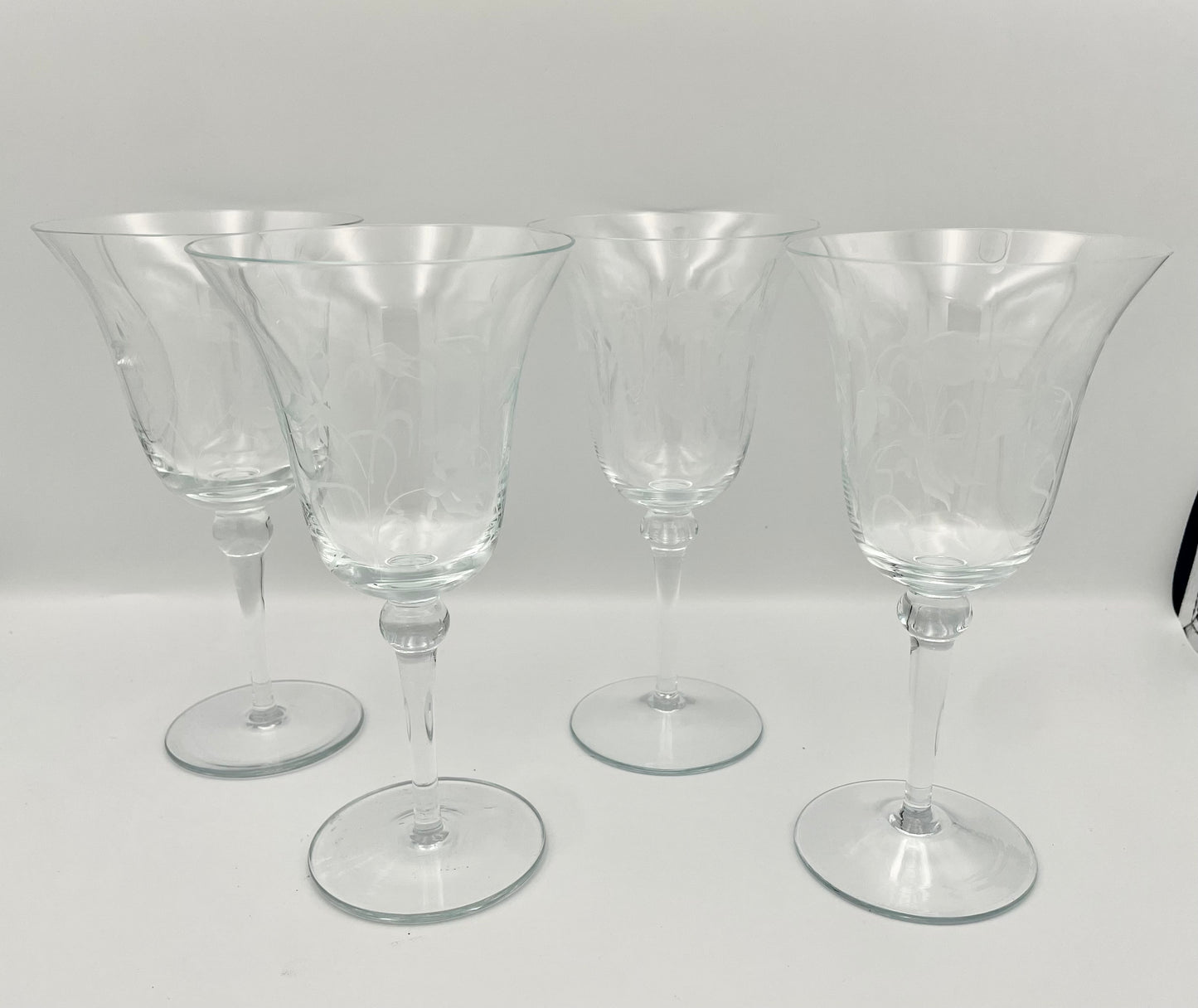 Vintage Crystal Water Goblets w/ Etched Floral & Leaf Design