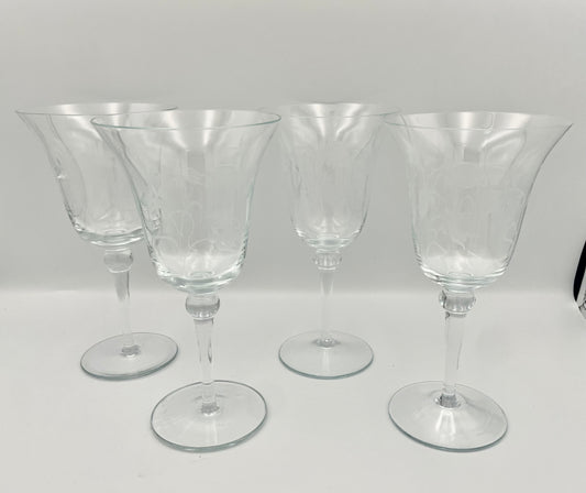 Vintage Crystal Water Goblets w/ Etched Floral & Leaf Design