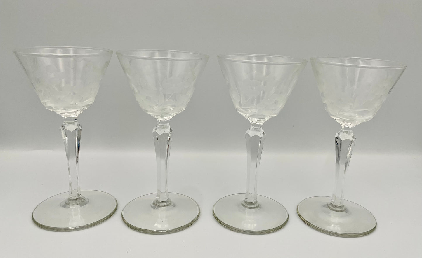 Set of 4 Vtg Libby Glenmore Liquor Cocktail Glasses w/ Floral Etching