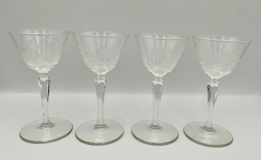 Set of 4 Vtg Libby Glenmore Liquor Cocktail Glasses w/ Floral Etching