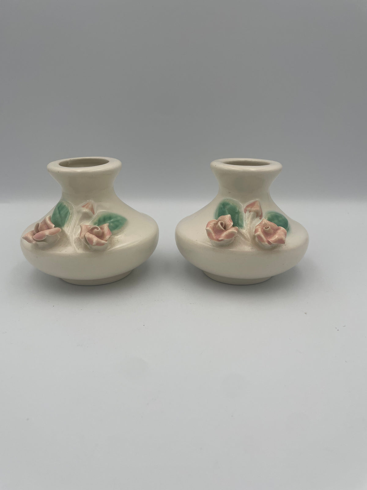 Vintage Hull Pottery Candleholders #566 — Pair, White with Pink Roses, 3.5"D x 3"H Collectible