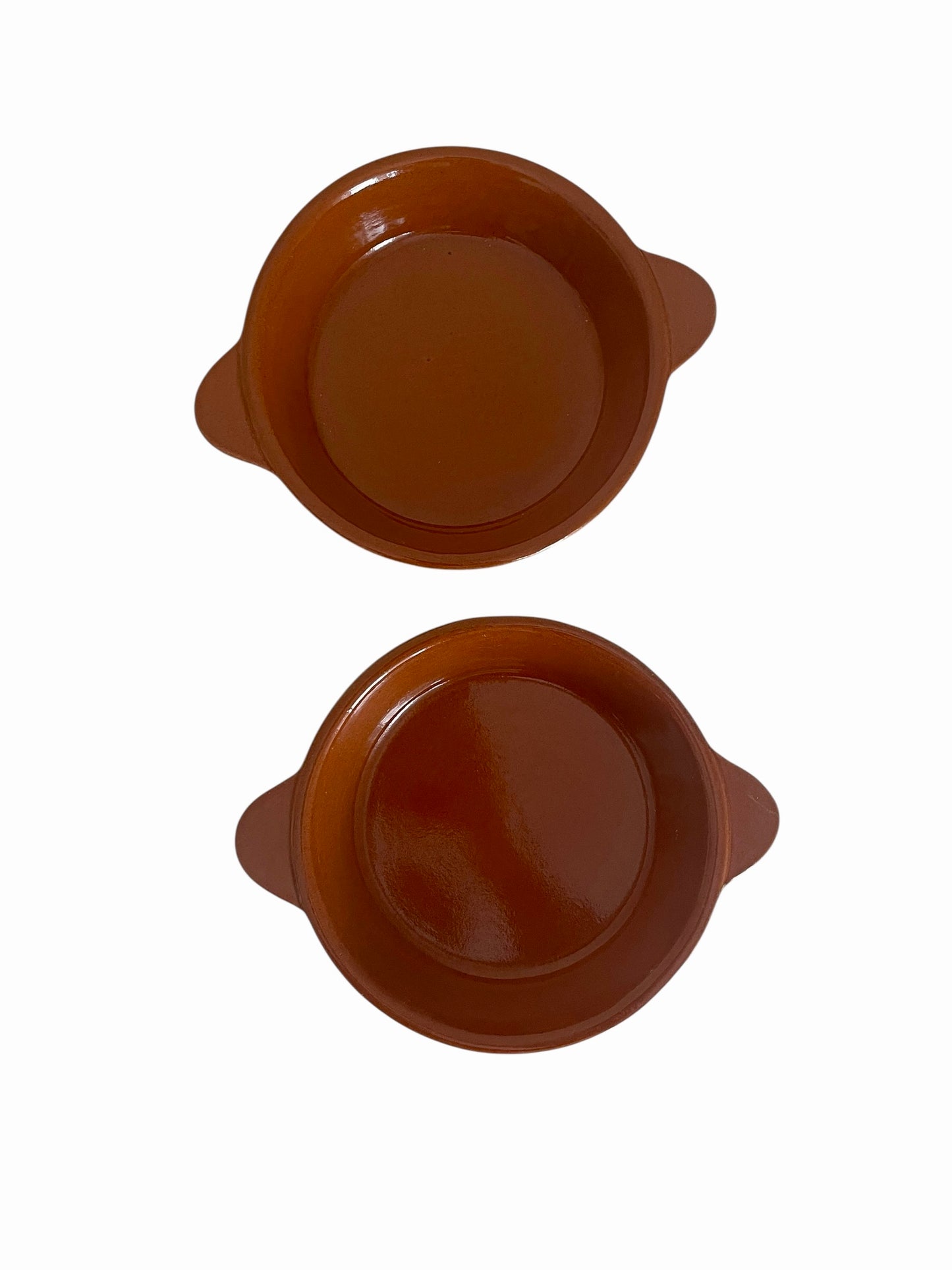 Pair of Round Terracotta/Tan Au Gratin Baking Dishes W/ Tab Handles